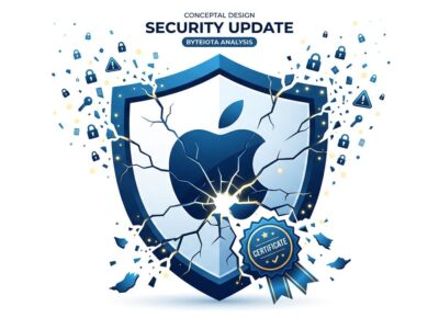 macOS security shield with crack lines representing OpenAI certificate rotation and June 26 update deadline