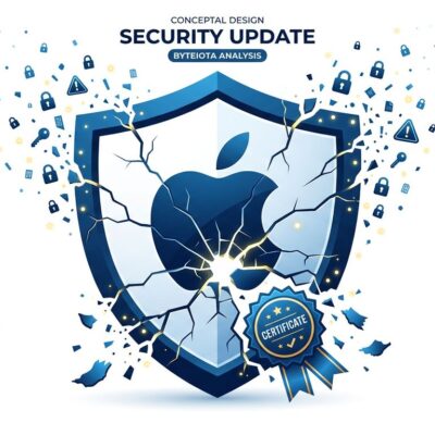 macOS security shield with crack lines representing OpenAI certificate rotation and June 26 update deadline