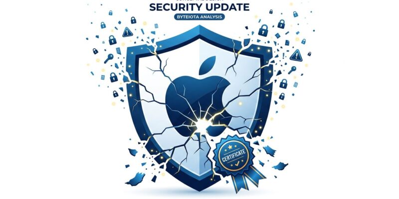 macOS security shield with crack lines representing OpenAI certificate rotation and June 26 update deadline