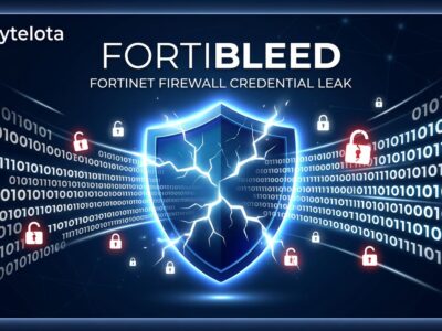 Cracked firewall shield representing the FortiBleed Fortinet credential compromise affecting 73000 firewalls