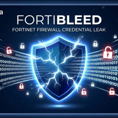 Cracked firewall shield representing the FortiBleed Fortinet credential compromise affecting 73000 firewalls