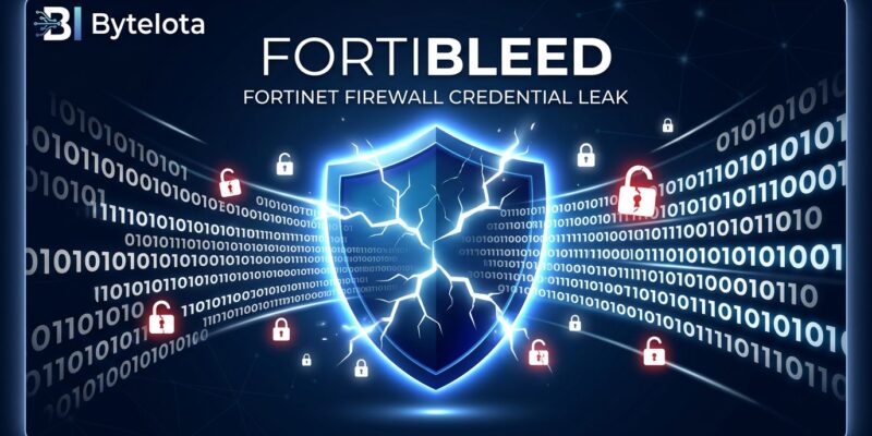 Cracked firewall shield representing the FortiBleed Fortinet credential compromise affecting 73000 firewalls
