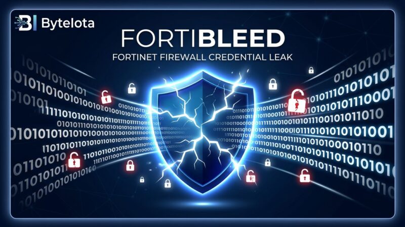 Cracked firewall shield representing the FortiBleed Fortinet credential compromise affecting 73000 firewalls