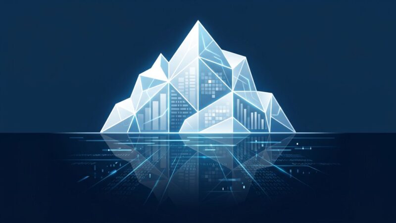 Apache Iceberg 1.11 data lakehouse with deletion vectors and Roaring bitmap visualization on deep blue background