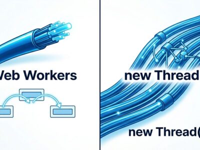 Split-screen comparison of JavaScript Web Workers versus Bun shared-memory threads showing parallel fiber optic cables