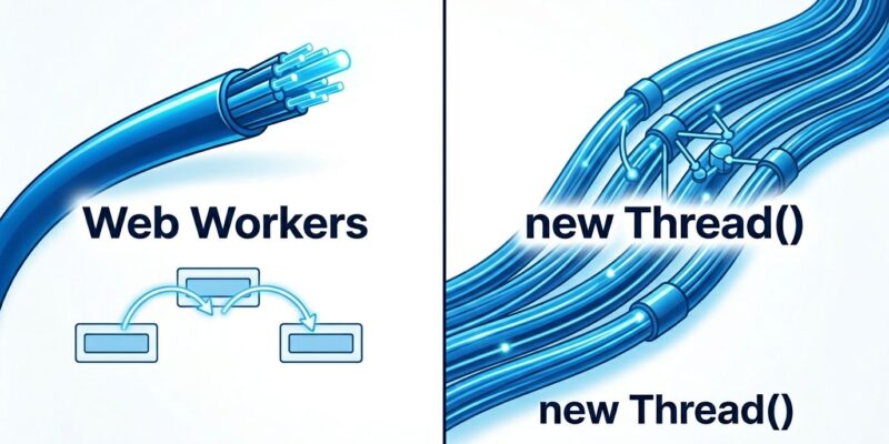 Split-screen comparison of JavaScript Web Workers versus Bun shared-memory threads showing parallel fiber optic cables