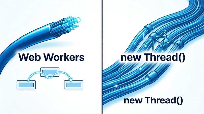 Split-screen comparison of JavaScript Web Workers versus Bun shared-memory threads showing parallel fiber optic cables