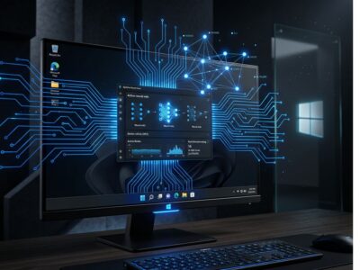 Windows desktop with glowing blue AI neural network patterns representing Aion 1.0 on-device reasoning model