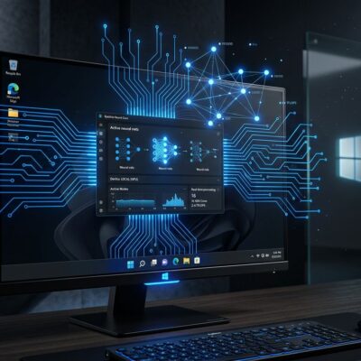 Windows desktop with glowing blue AI neural network patterns representing Aion 1.0 on-device reasoning model