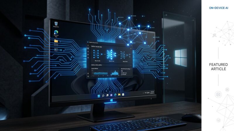 Windows desktop with glowing blue AI neural network patterns representing Aion 1.0 on-device reasoning model