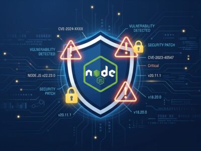 Node.js security shield with CVE warning symbols on dark blue background