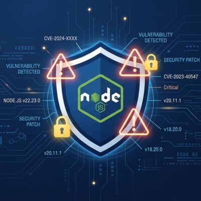 Node.js security shield with CVE warning symbols on dark blue background