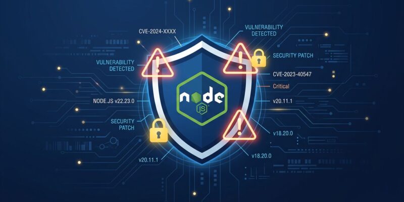 Node.js security shield with CVE warning symbols on dark blue background