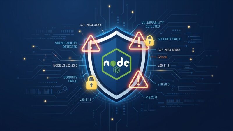 Node.js security shield with CVE warning symbols on dark blue background