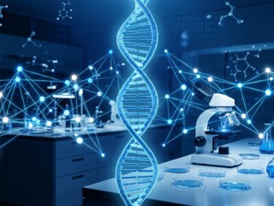 Futuristic laboratory with glowing blue DNA helix and neural network nodes representing Anthropic's AI for biology research