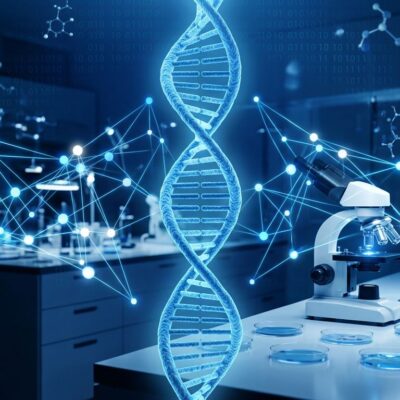 Futuristic laboratory with glowing blue DNA helix and neural network nodes representing Anthropic's AI for biology research