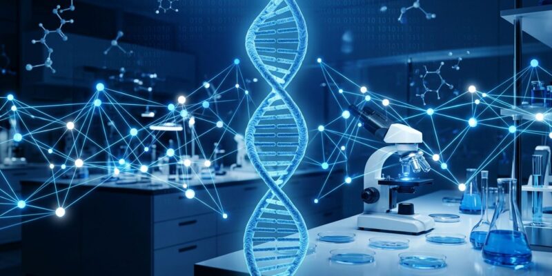Futuristic laboratory with glowing blue DNA helix and neural network nodes representing Anthropic's AI for biology research