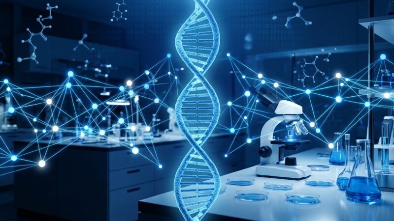 Futuristic laboratory with glowing blue DNA helix and neural network nodes representing Anthropic's AI for biology research
