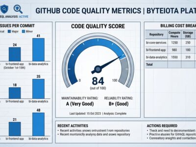 GitHub Code Quality dashboard showing maintainability scores, billing breakdown, and CodeQL analysis metrics in blue and white