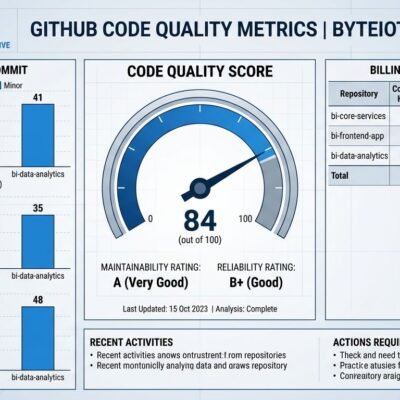 GitHub Code Quality dashboard showing maintainability scores, billing breakdown, and CodeQL analysis metrics in blue and white