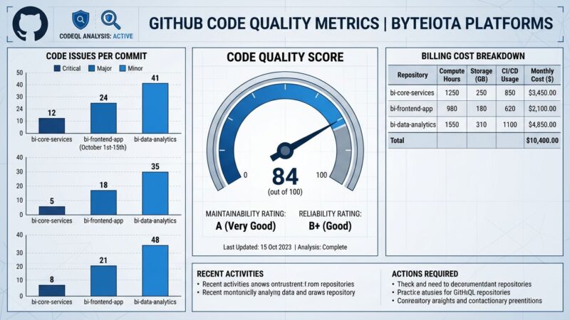GitHub Code Quality dashboard showing maintainability scores, billing breakdown, and CodeQL analysis metrics in blue and white