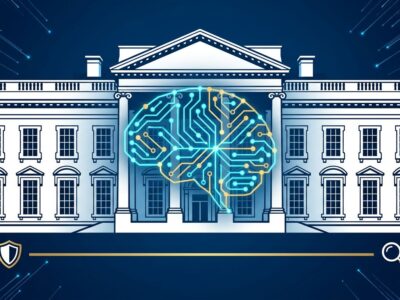 White House building with AI neural network overlay representing government review of frontier AI models, blue and white design