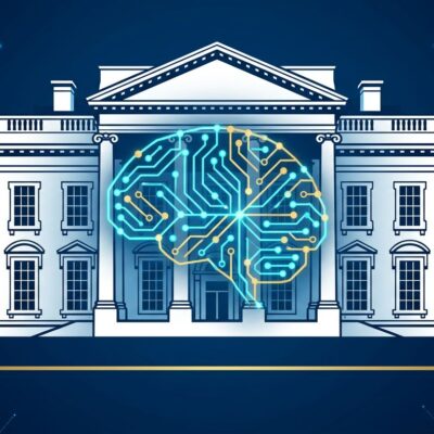 White House building with AI neural network overlay representing government review of frontier AI models, blue and white design