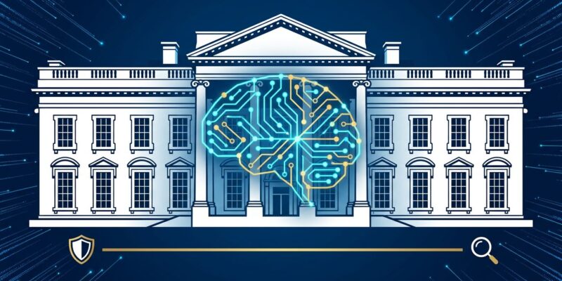 White House building with AI neural network overlay representing government review of frontier AI models, blue and white design