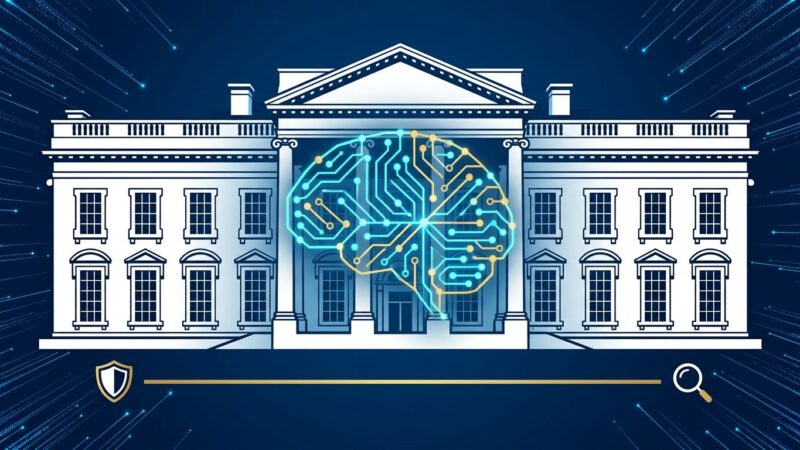 White House building with AI neural network overlay representing government review of frontier AI models, blue and white design