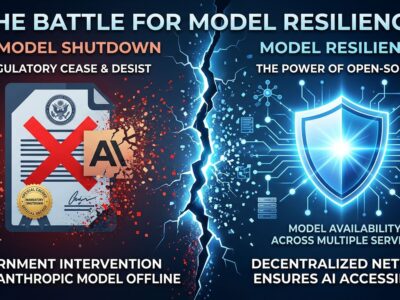 Bold conceptual illustration showing US government export control directive blocking Anthropic AI models, with open-source shield as alternative