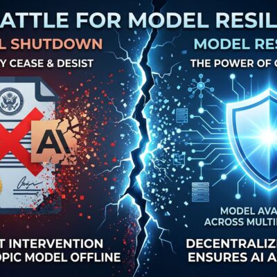 Bold conceptual illustration showing US government export control directive blocking Anthropic AI models, with open-source shield as alternative