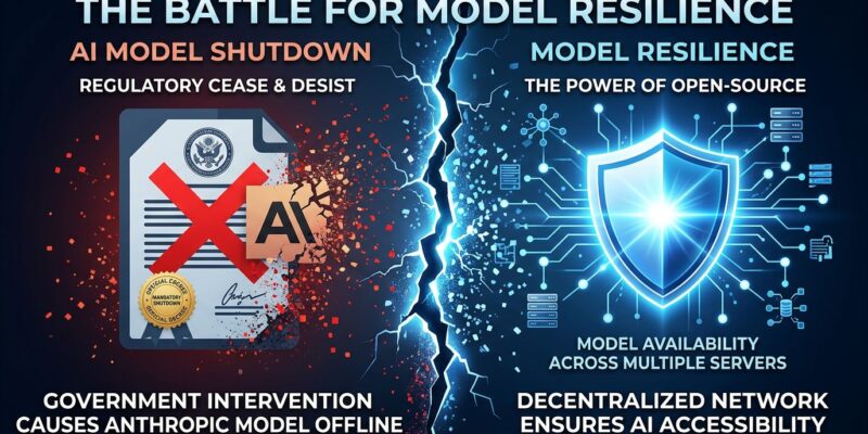 Bold conceptual illustration showing US government export control directive blocking Anthropic AI models, with open-source shield as alternative