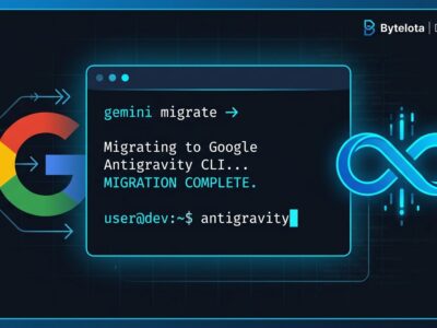Terminal interface showing Gemini CLI being replaced by Antigravity CLI with migration arrows and Google branding transition
