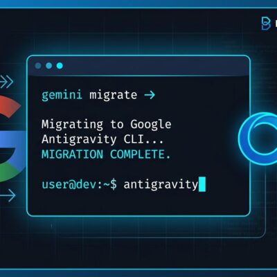 Terminal interface showing Gemini CLI being replaced by Antigravity CLI with migration arrows and Google branding transition