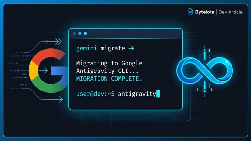 Terminal interface showing Gemini CLI being replaced by Antigravity CLI with migration arrows and Google branding transition