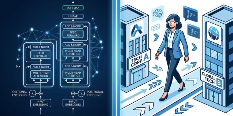 Transformer architecture diagram representing Noam Shazeer moving from Google to OpenAI as Lead for AI Architecture Research