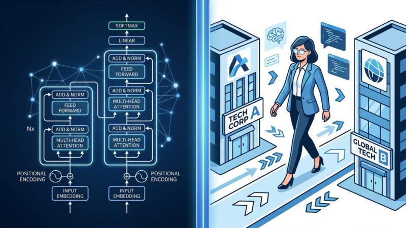 Transformer architecture diagram representing Noam Shazeer moving from Google to OpenAI as Lead for AI Architecture Research