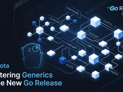 Go 1.27 RC1 generic methods visualization with blue and white interconnected type nodes representing Go generics