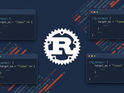 Rust programming language Ferris crab with cfg_select macro code blocks on dark blue background