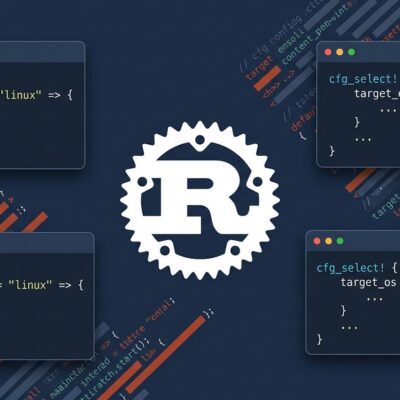 Rust programming language Ferris crab with cfg_select macro code blocks on dark blue background