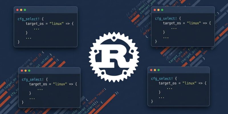 Rust programming language Ferris crab with cfg_select macro code blocks on dark blue background