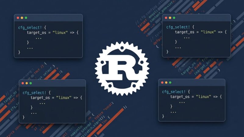 Rust programming language Ferris crab with cfg_select macro code blocks on dark blue background