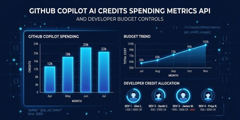 GitHub Copilot AI credits metrics API dashboard showing per-user spending data and budget controls