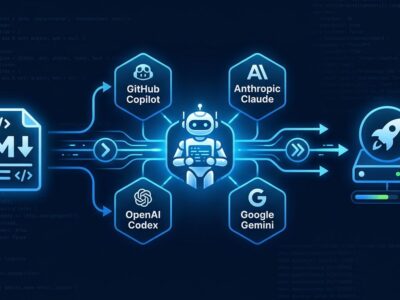 GitHub Agentic Workflows pipeline diagram showing Markdown file compiled to Actions YAML with AI agent engines including Copilot, Claude, Codex, and Gemini