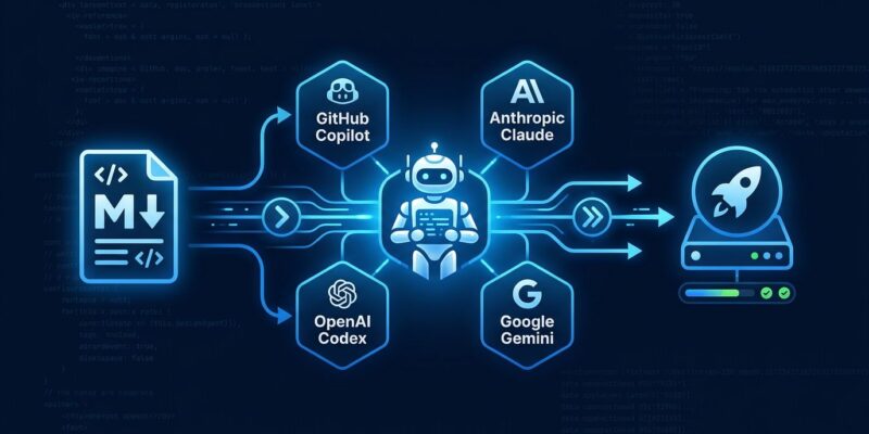 GitHub Agentic Workflows pipeline diagram showing Markdown file compiled to Actions YAML with AI agent engines including Copilot, Claude, Codex, and Gemini