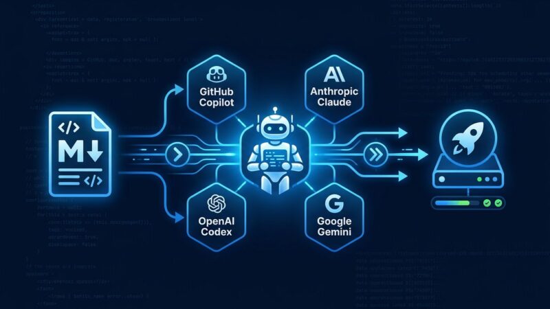 GitHub Agentic Workflows pipeline diagram showing Markdown file compiled to Actions YAML with AI agent engines including Copilot, Claude, Codex, and Gemini