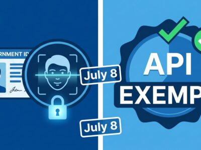 Split-screen illustration showing biometric identity verification on one side and API exempt badge on the other, representing Claude July 8 policy