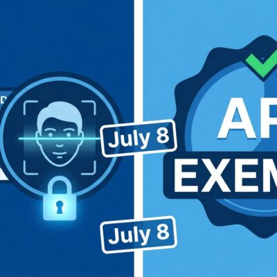 Split-screen illustration showing biometric identity verification on one side and API exempt badge on the other, representing Claude July 8 policy