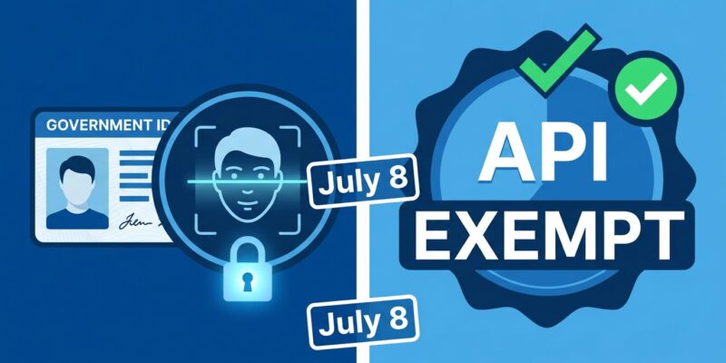 Split-screen illustration showing biometric identity verification on one side and API exempt badge on the other, representing Claude July 8 policy