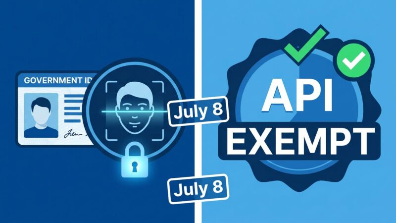 Split-screen illustration showing biometric identity verification on one side and API exempt badge on the other, representing Claude July 8 policy